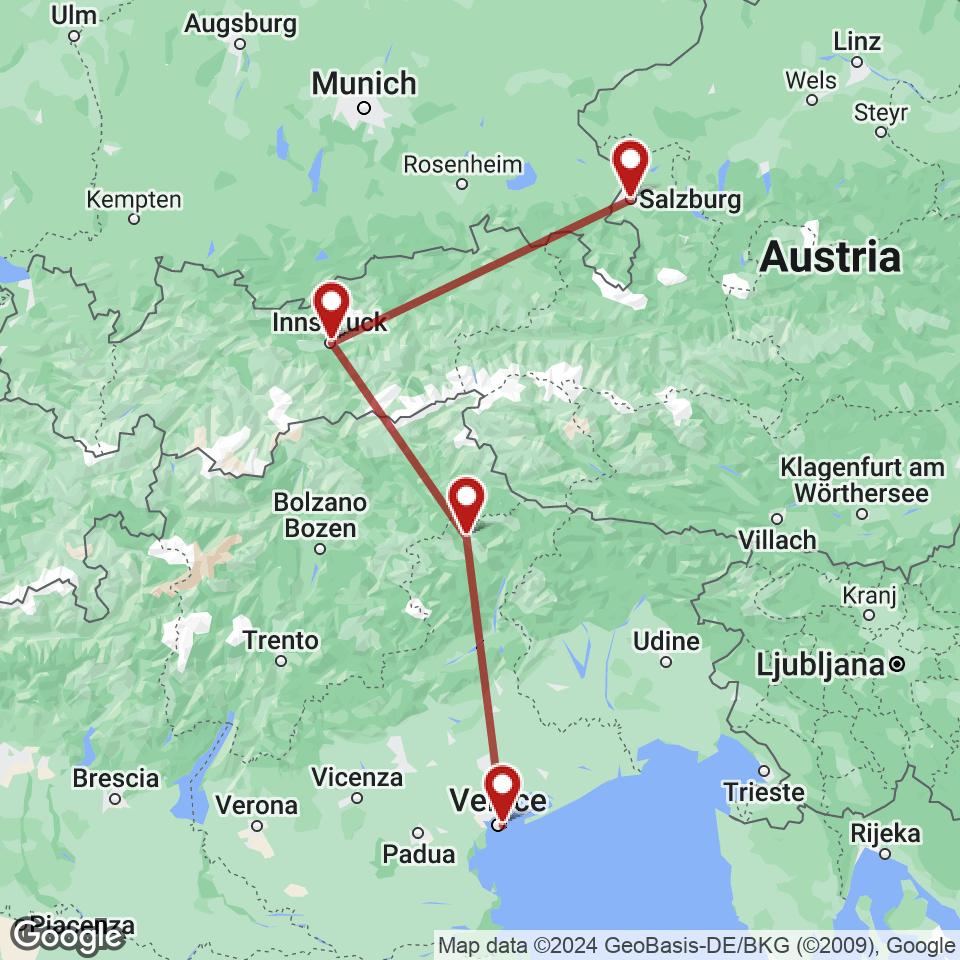 Route for Venice, Cortina d'Ampezzo, Innsbruck, Salzburg tour